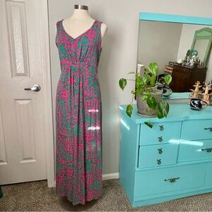 Boden Vibrant Pink & Green Floral Stretchy Maxi Dress Sz 14 Sleeveless Summer